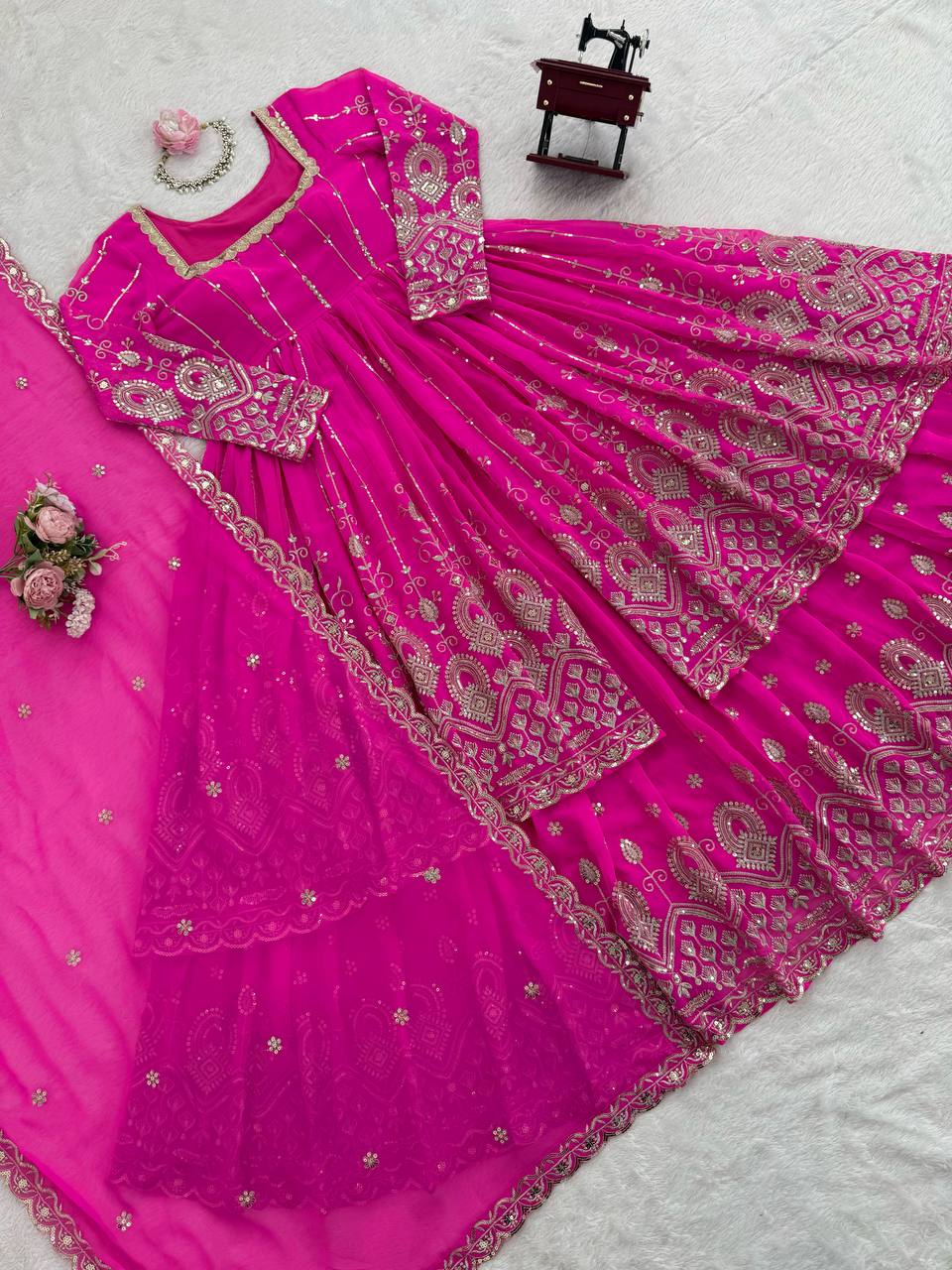 Prazu Fashion Pink Georgette Thread Sequin Lehenga Style Suit