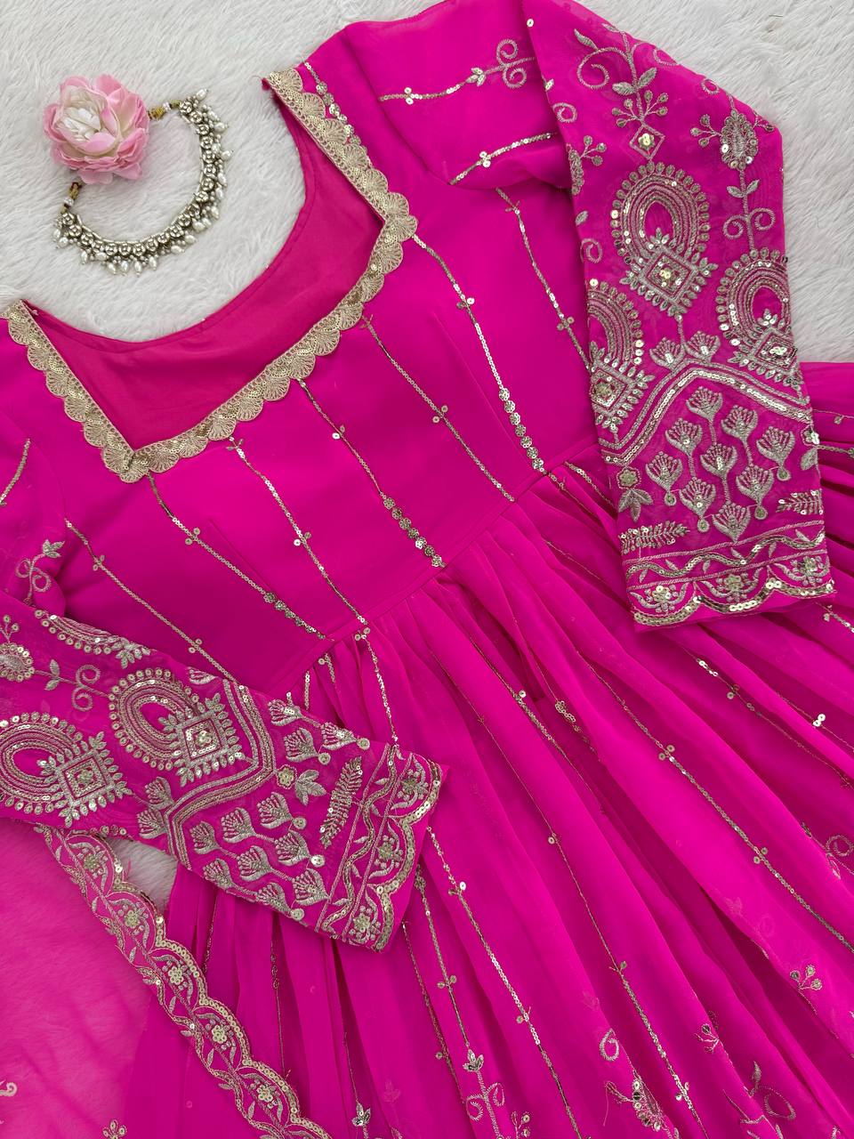 Prazu Fashion Pink Georgette Thread Sequin Lehenga Style Suit