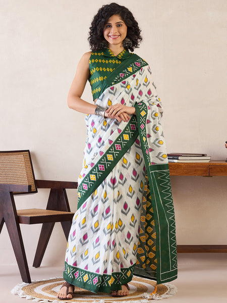 NOZ2TOZ Women's Cotton White Printed Ready to Wear With Blouse Piece - Distacart