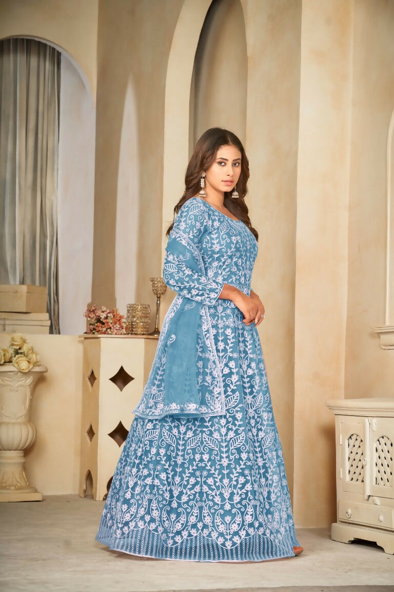 Jyoti Fashion Women's Sky Blue Net Embroidered Anarkali Kurta Pant Set With Dupatta