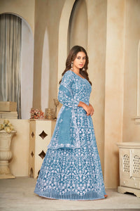 Thumbnail for Jyoti Fashion Women's Sky Blue Net Embroidered Anarkali Kurta Pant Set With Dupatta