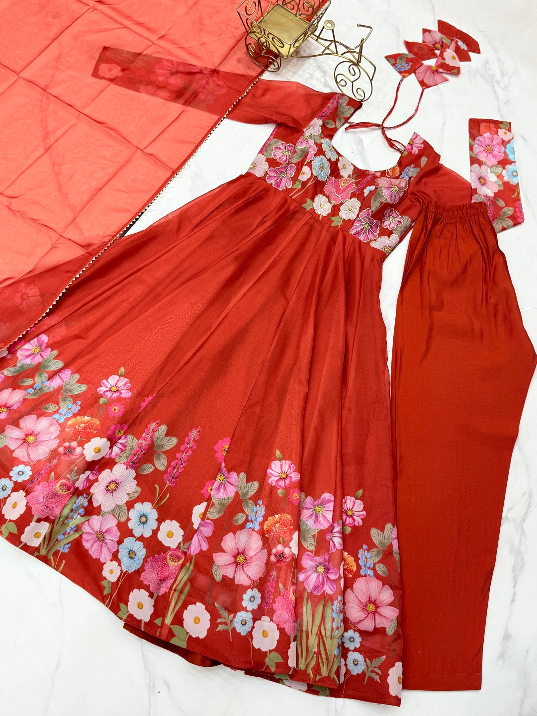 Evanik Rust Soft Organza Silk With Floral Print Fully Flared Anarkali Pant With Dupatta Set