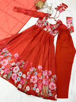 Thumbnail for Evanik Rust Soft Organza Silk With Floral Print Fully Flared Anarkali Pant With Dupatta Set