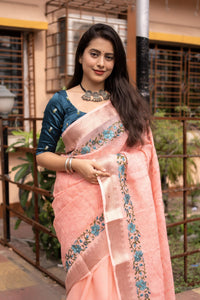 Thumbnail for Pink Pure Linen Woven Design Saree with Unstitched Blouse - A2M