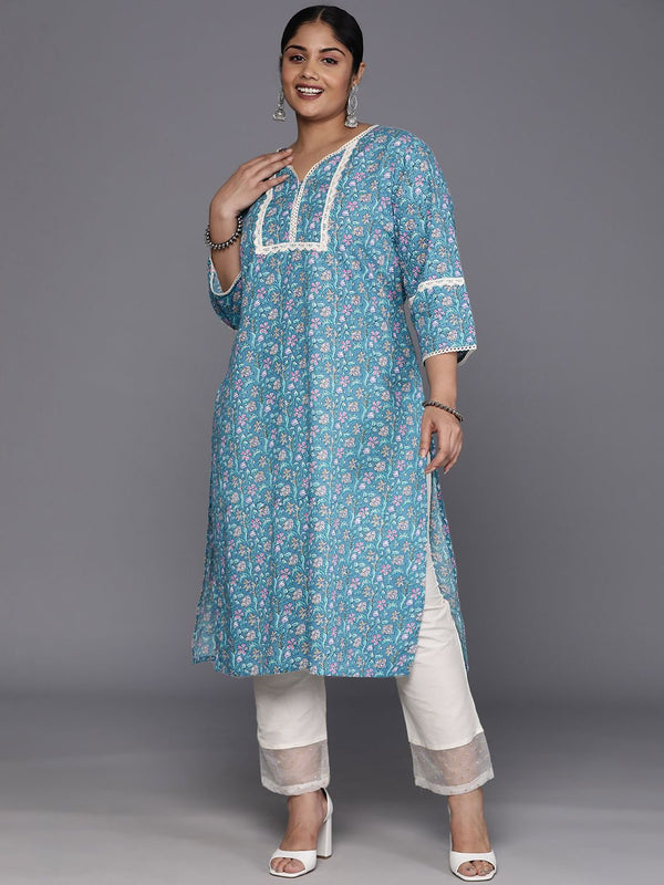 Sztori Plus Size Floral Printed Notch Neck Cotton Straight Kurta - Distacart