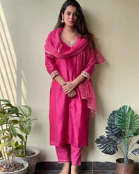 Thumbnail for Malishka Women's Viscose Embroidery Kurta Pant Set With Dupatta - Pink