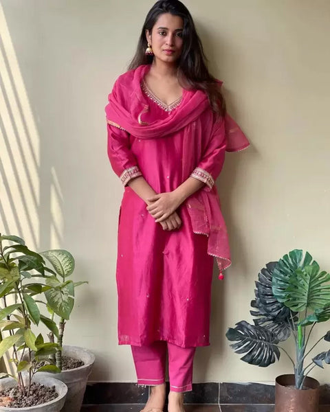 Malishka Women's Viscose Embroidery Kurta Pant Set With Dupatta - Pink