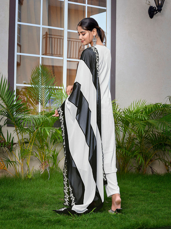 Malishka Women's Viscose Solid Flared Kurta Pant With Dupatta - White