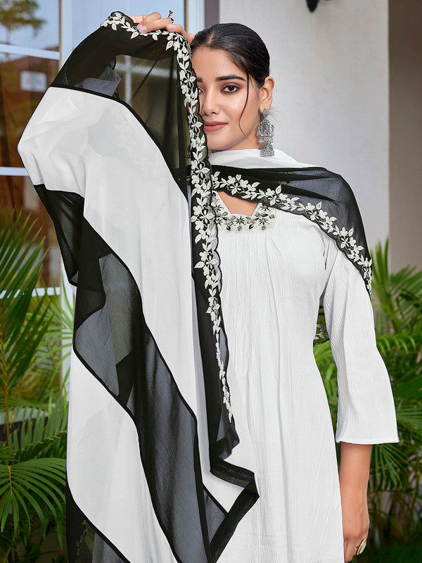 Malishka Women's Viscose Solid Flared Kurta Pant With Dupatta - White