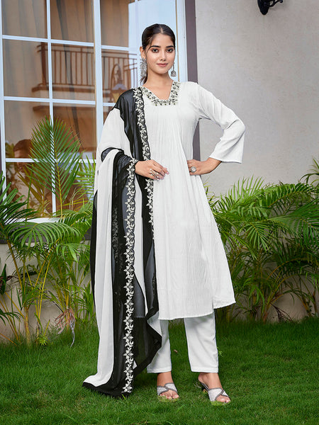Malishka Women's Viscose Solid Flared Kurta Pant With Dupatta - White