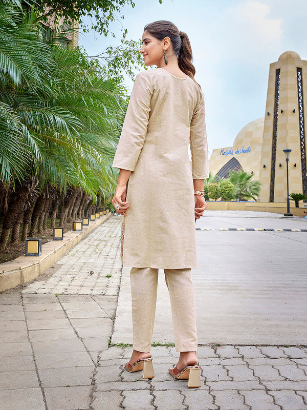 Lyush Women's Khadi Cotton Printed Straight Kurta Pant Set - Beige & Red