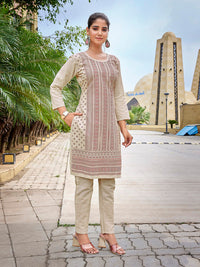 Thumbnail for Lyush Women's Khadi Cotton Printed Straight Kurta Pant Set - Beige & Red