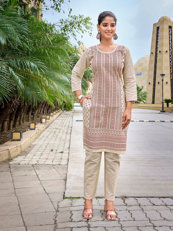 Lyush Women's Khadi Cotton Printed Straight Kurta Pant Set - Beige & Red