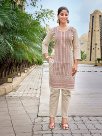 Thumbnail for Lyush Women's Khadi Cotton Printed Straight Kurta Pant Set - Beige & Red