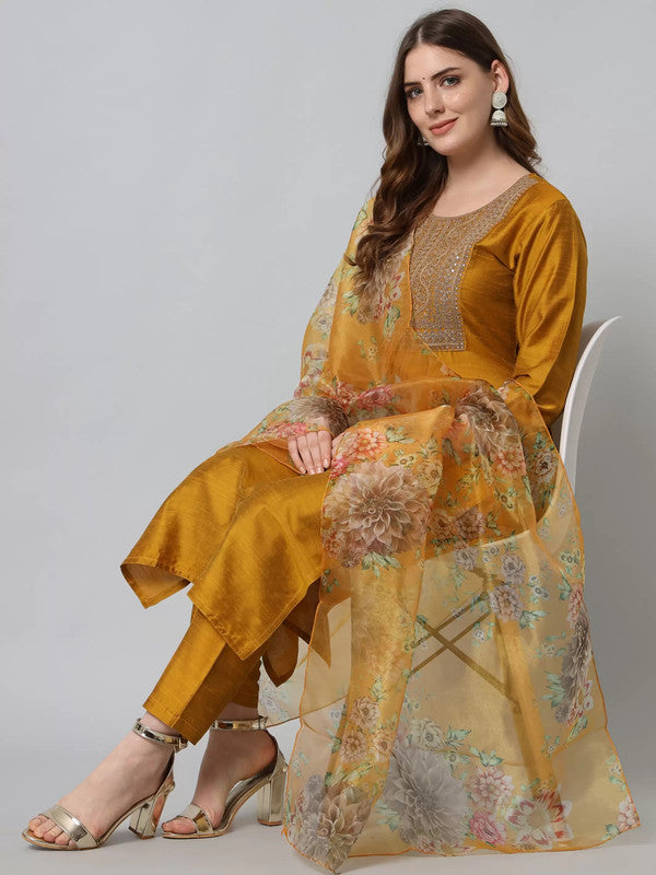 Malishka Women's Mustard Cotton Silk Embroidery Kurta Pant Set With Dupatta - Distacart