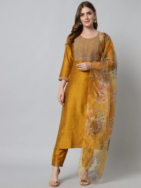 Malishka Women's Mustard Cotton Silk Embroidery Kurta Pant Set With Dupatta - Distacart