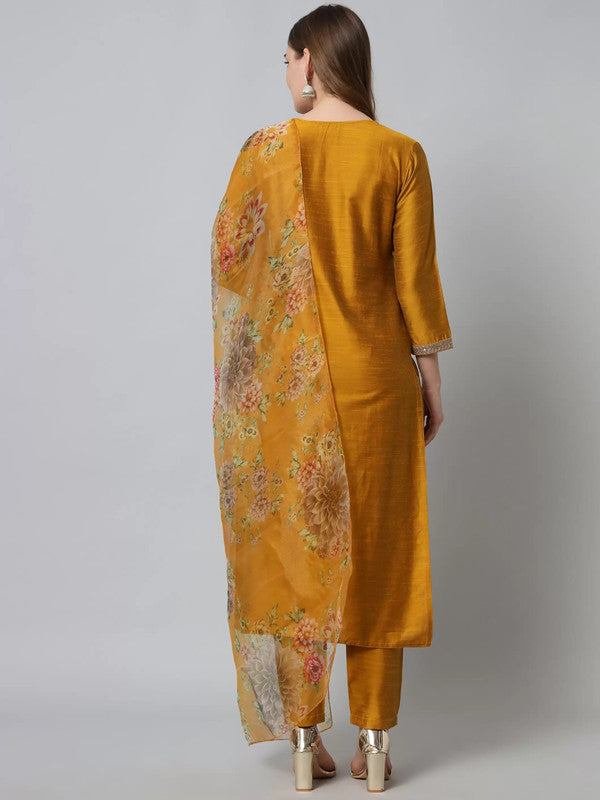 Malishka Women's Mustard Cotton Silk Embroidery Kurta Pant Set With Dupatta - Distacart