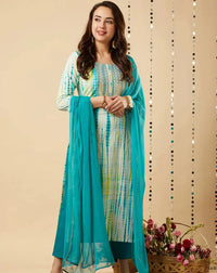 Thumbnail for Malishka Women's Sky Blue Viscose Cotton Leheriya Printed & Embroidery Kurta Pant Set With Dupatta - Distacart