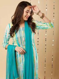 Thumbnail for Malishka Women's Sky Blue Viscose Cotton Leheriya Printed & Embroidery Kurta Pant Set With Dupatta - Distacart