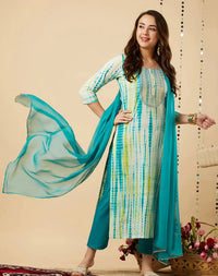 Thumbnail for Malishka Women's Sky Blue Viscose Cotton Leheriya Printed & Embroidery Kurta Pant Set With Dupatta - Distacart
