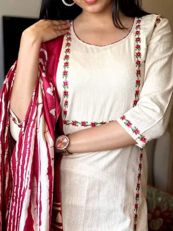 Malishka Women's Red Pure Cotton Embroidery Kurta Pant Set With Dupatta - Distacart