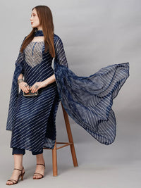 Thumbnail for Malishka Women's Navy Viscose Cotton Leheriya Printed & Embroidery Kurta Pant Set With Dupatta - Distacart
