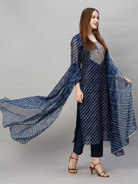 Thumbnail for Malishka Women's Navy Viscose Cotton Leheriya Printed & Embroidery Kurta Pant Set With Dupatta - Distacart