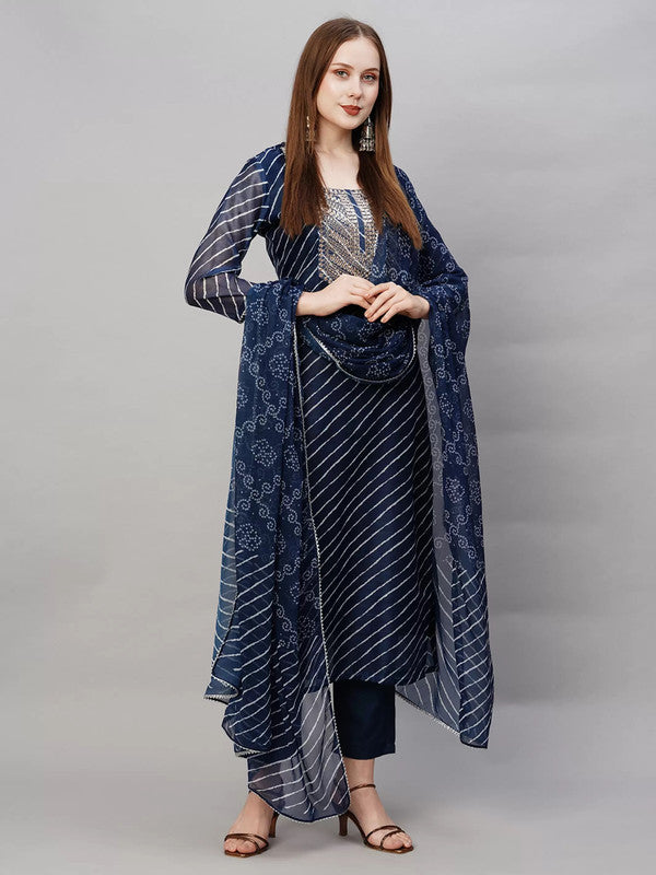 Malishka Women's Navy Viscose Cotton Leheriya Printed & Embroidery Kurta Pant Set With Dupatta - Distacart