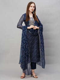 Thumbnail for Malishka Women's Navy Viscose Cotton Leheriya Printed & Embroidery Kurta Pant Set With Dupatta - Distacart
