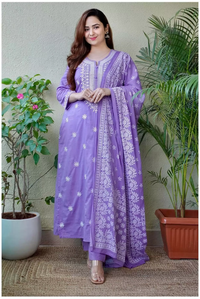 Thumbnail for Malishka Women's Viscose Floral Embroidered Straight Kurta Pant With Dupatta