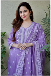 Thumbnail for Malishka Women's Viscose Floral Embroidered Straight Kurta Pant With Dupatta