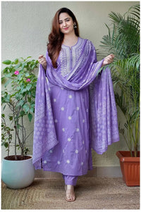 Thumbnail for Malishka Women's Viscose Floral Embroidered Straight Kurta Pant With Dupatta