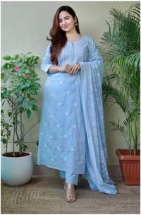Thumbnail for Malishka Women's Viscose Floral Embroidered Straight Kurta Pant With Dupatta