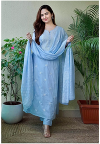 Thumbnail for Malishka Women's Viscose Floral Embroidered Straight Kurta Pant With Dupatta