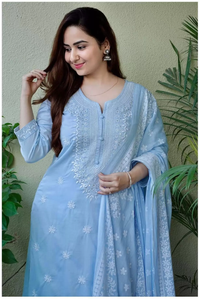 Thumbnail for Malishka Women's Viscose Floral Embroidered Straight Kurta Pant With Dupatta