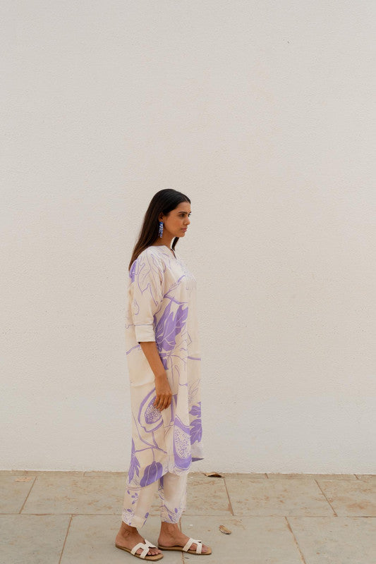 Malishka Women's Cotton Floral Printed A-Line co-ord set - White & Purple