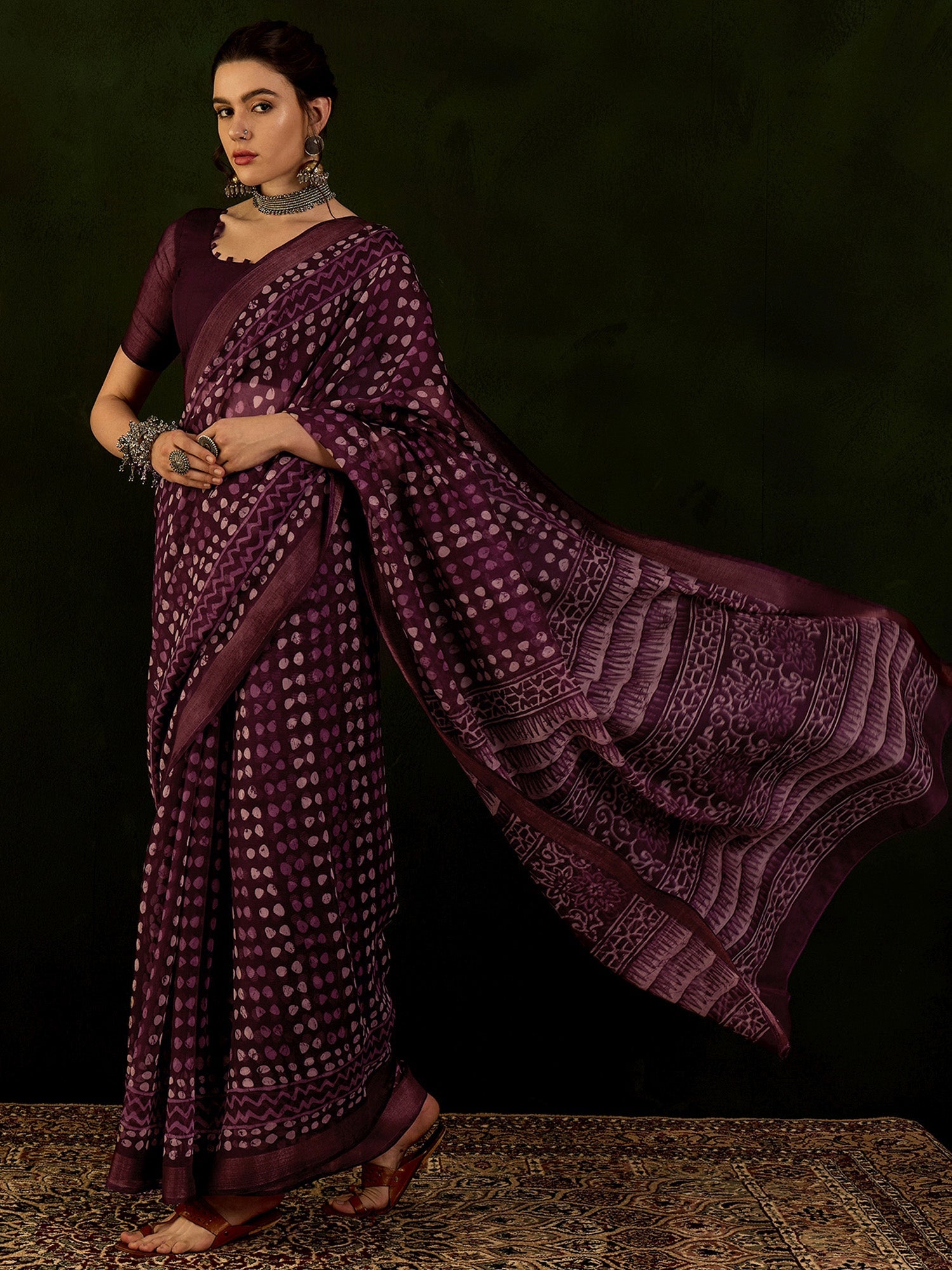 NOZ2TOZ Women's Cotton Linen Magenta Printed Designer Saree With Blouse Piece - Distacart