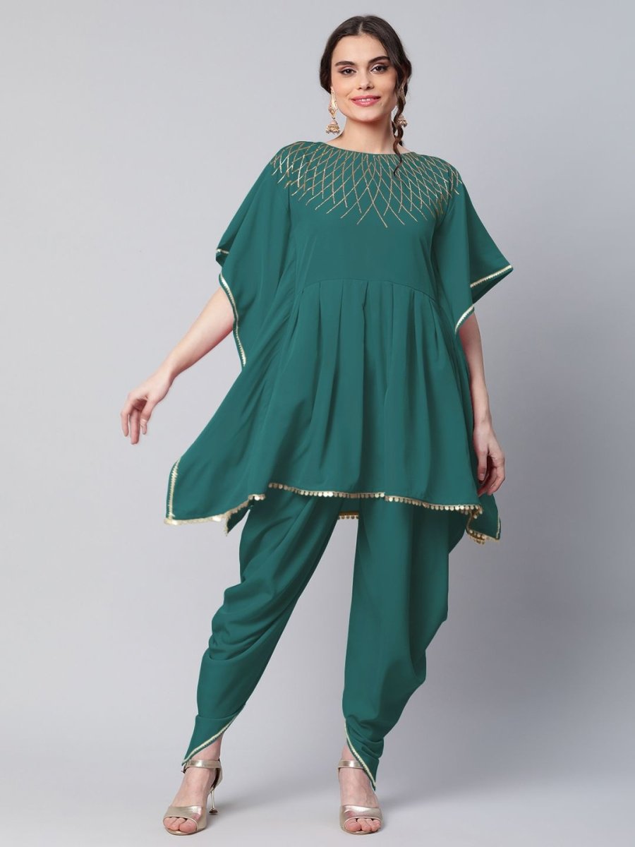 Ahalyaa Women Dark Green Crepe Glitter Printed Kurta with Dhoti Pants - Distacart