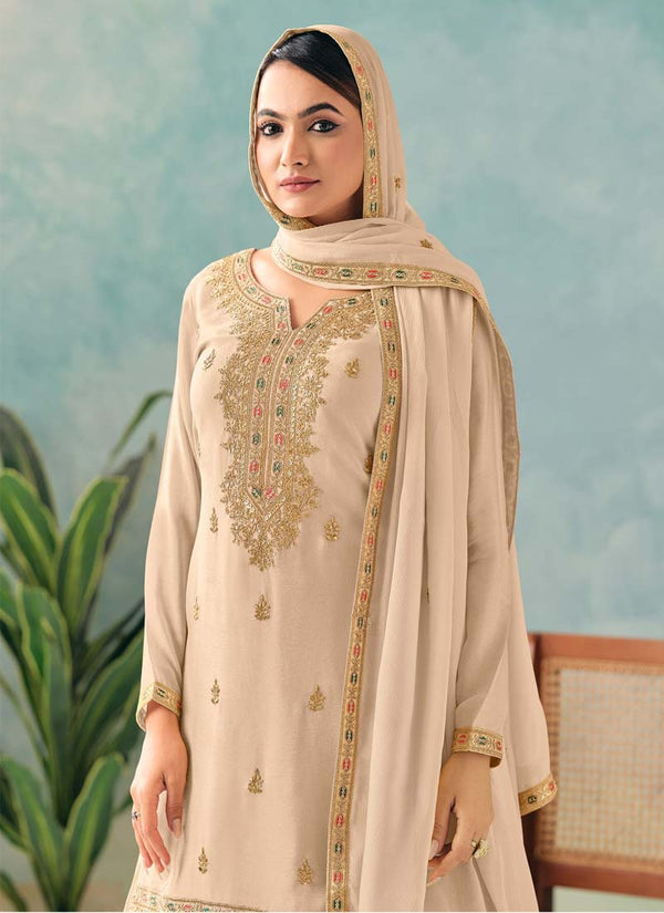 Vegaa Fashion Cream Premium Chinon Embroidered Palazzo Suit