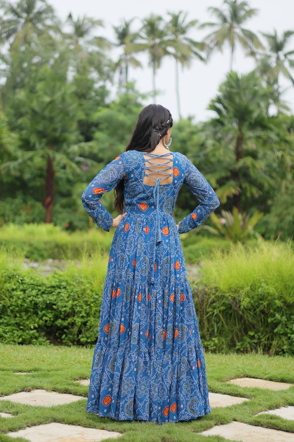 Lorenvalley Rama Faux Georgette Bandhani Print Work With Kutchi Patch Work Gown - Distacart