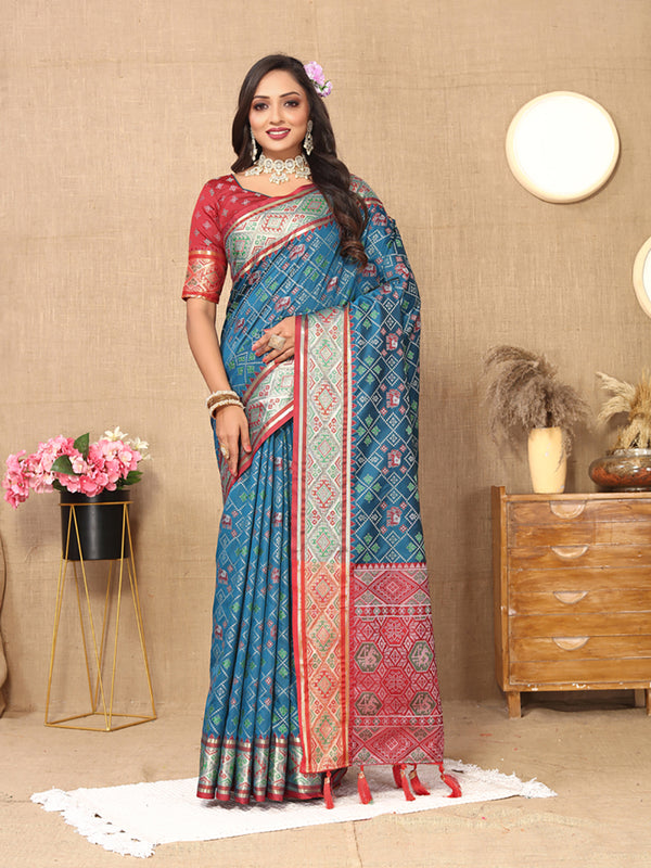 Lorenvalley Fashion Rama Patola Silk Woven Design with Zari Meenakari Weaving motifs Pallu Saree - Distacart