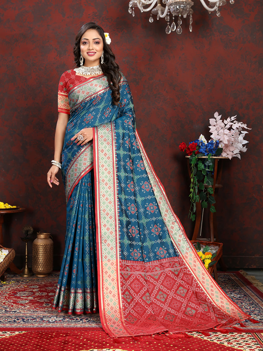 Lorenvalley Fashion Rama Patola Silk Woven Design with Zari Meenakari Weaving motifs Pallu Saree