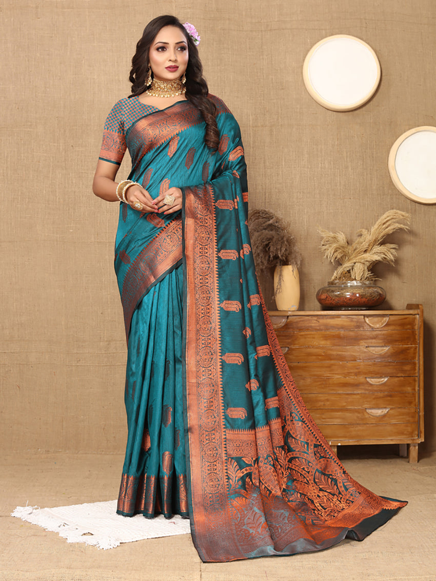 Lorenvalley Fashion Rama Soft Katan Silk Woven Design Copper Zari Weaving Saree