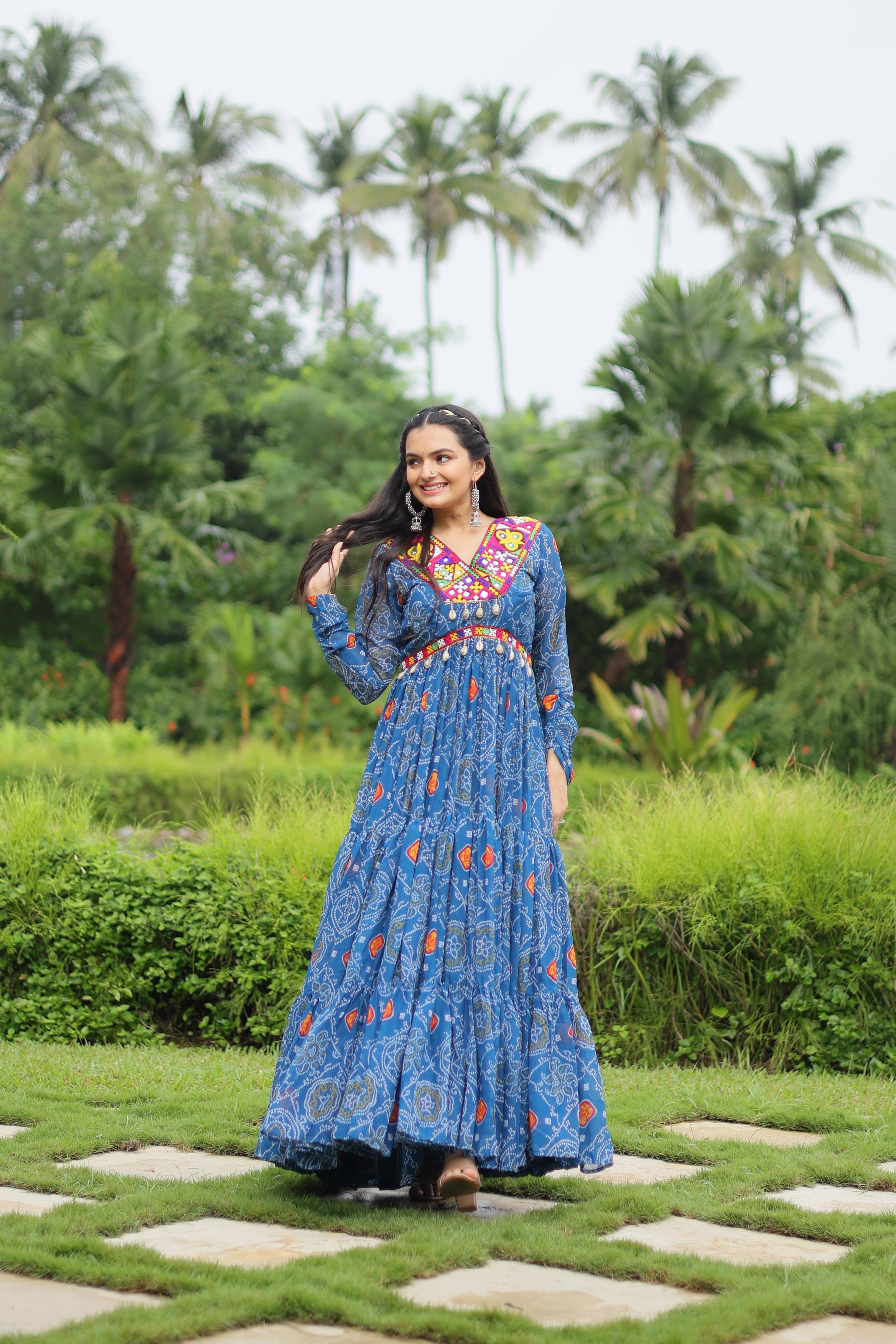 Lorenvalley Rama Faux Georgette Bandhani Print Work With Kutchi Patch Work Gown - Distacart