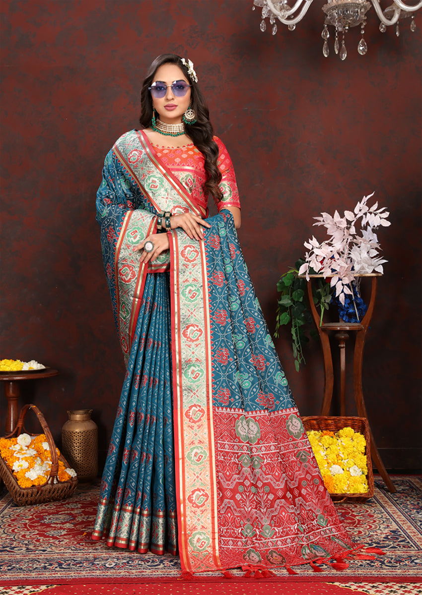 Lorenvalley Fashion Rama Patola Silk Woven Design with Zari Meenakari Weaving motifs Pallu Saree - Distacart