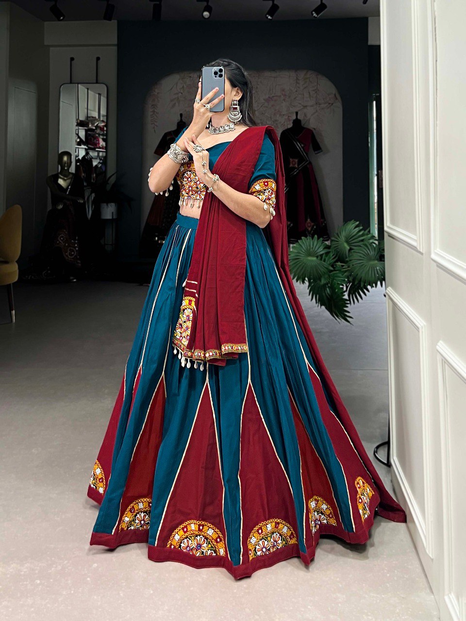 Lorenvalley Pure Cotton Rama Plain And Gamthi Patch Work With Gota Patti Lehenga Choli with Dupatta - Distacart