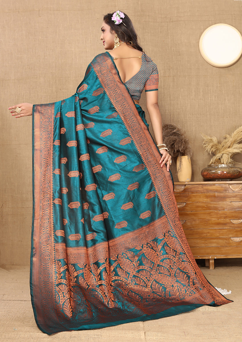 Lorenvalley Fashion Rama Soft Katan Silk Woven Design Copper Zari Weaving Saree