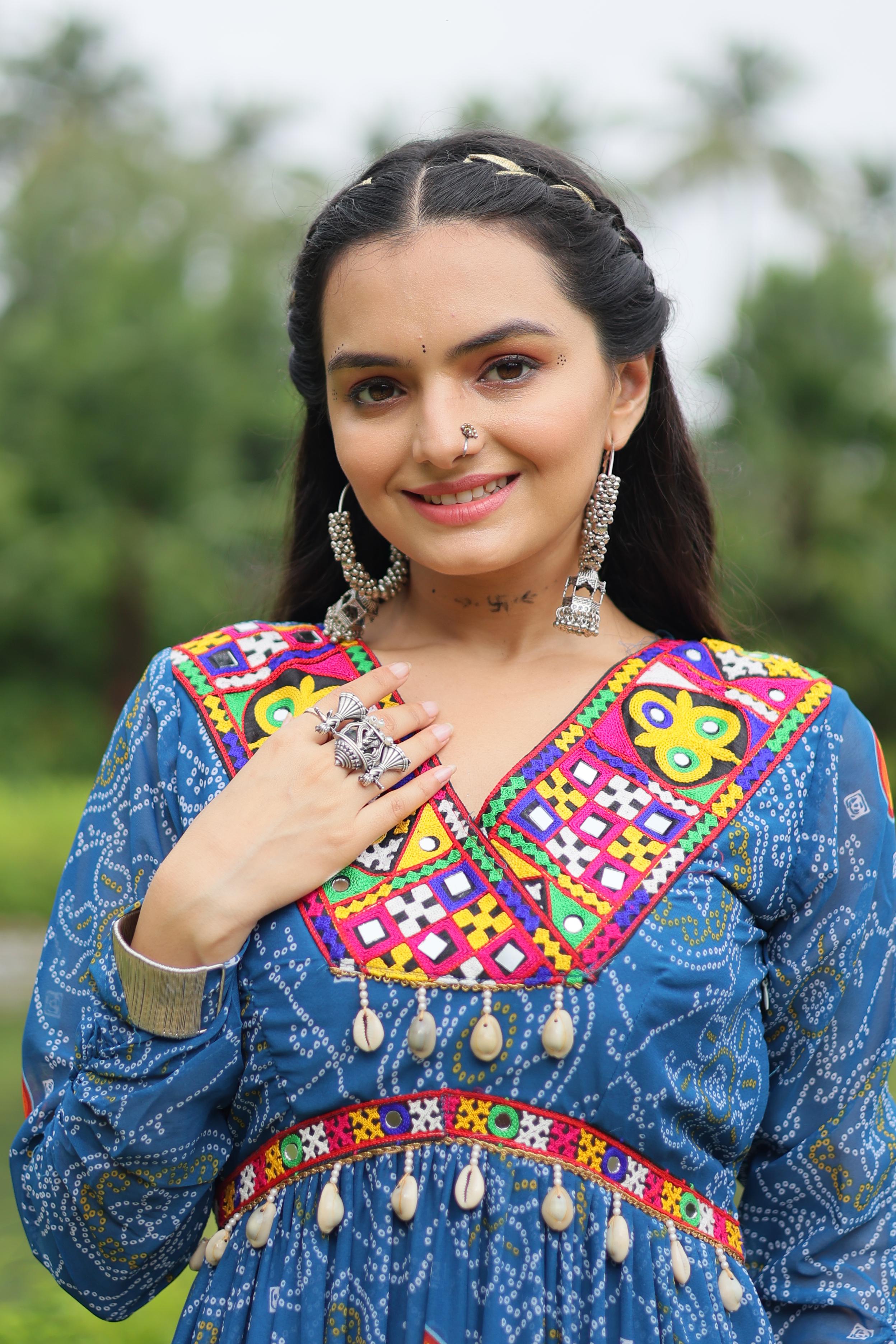 Lorenvalley Rama Faux Georgette Bandhani Print Work With Kutchi Patch Work Gown - Distacart