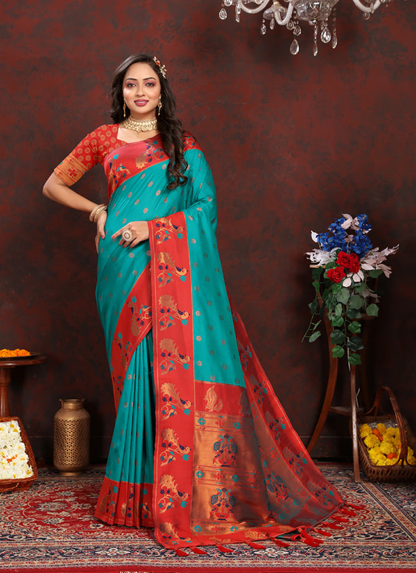 Lorenvalley Fashion Rama Soft Paithani Silk Woven Design Rich Zari Meenakari Weaving Saree - Distacart