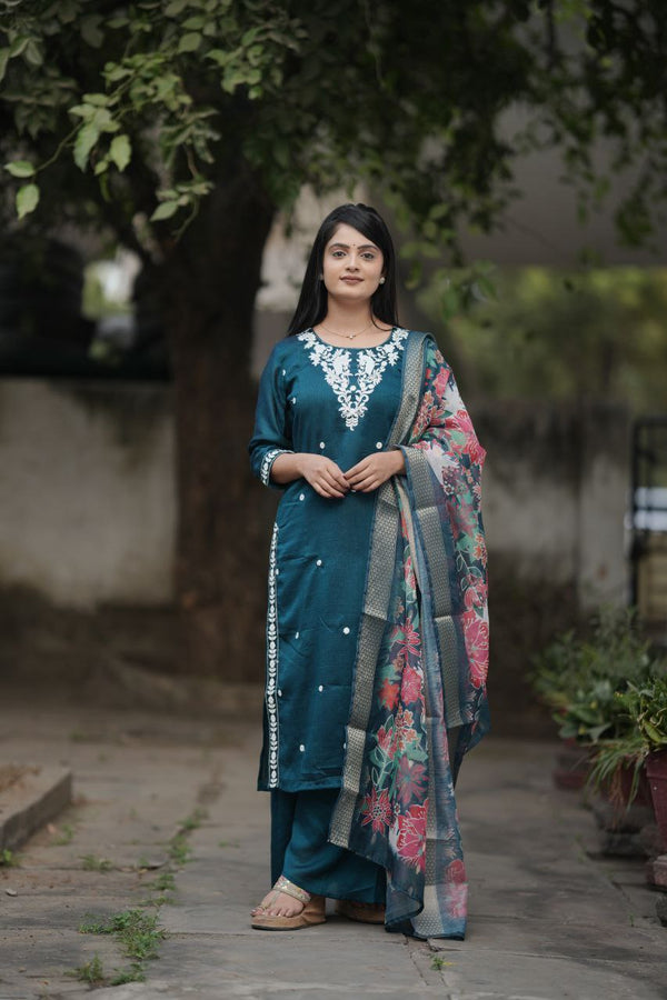 Preksha Creation Women Blue Premium Vichitra Silk Embroidered Straight Cut Kurti & Pant With Dupatta - Distacart